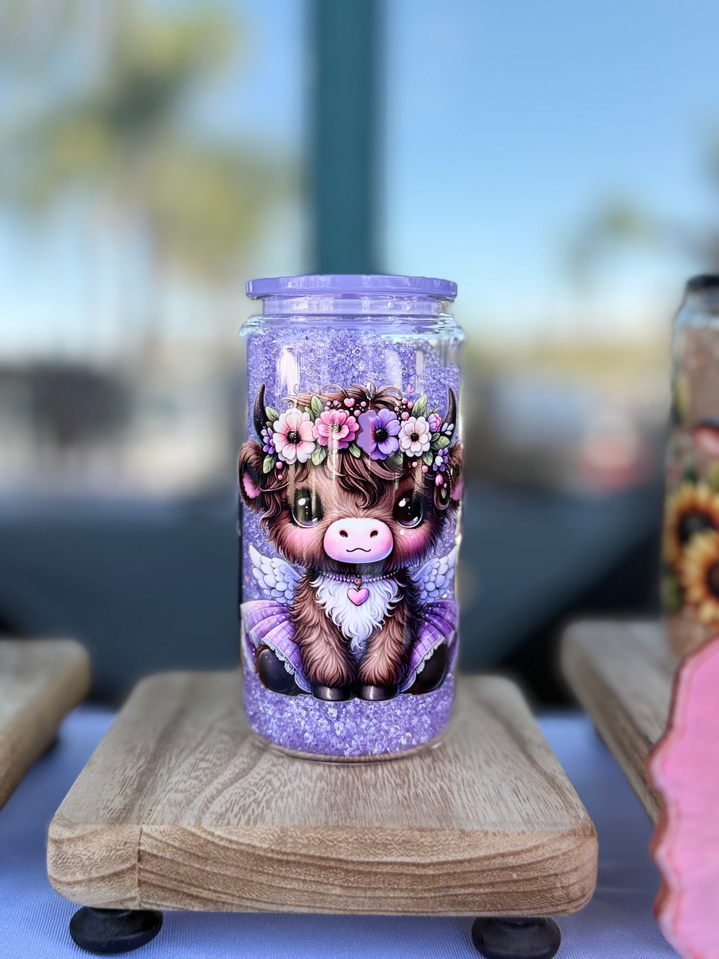 Purple Flowers Cow Glass Cup