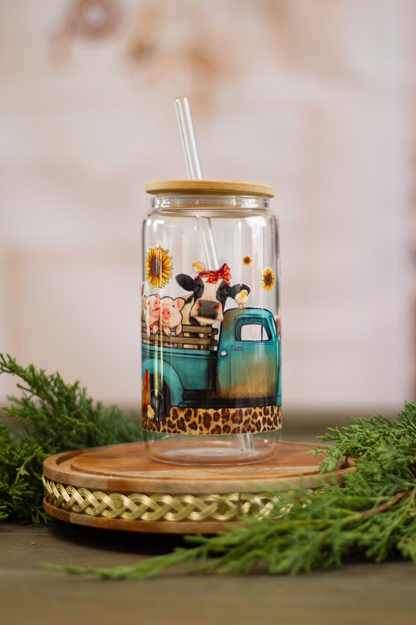 Farm Style Truck and Animals - Glass Cup 16oz