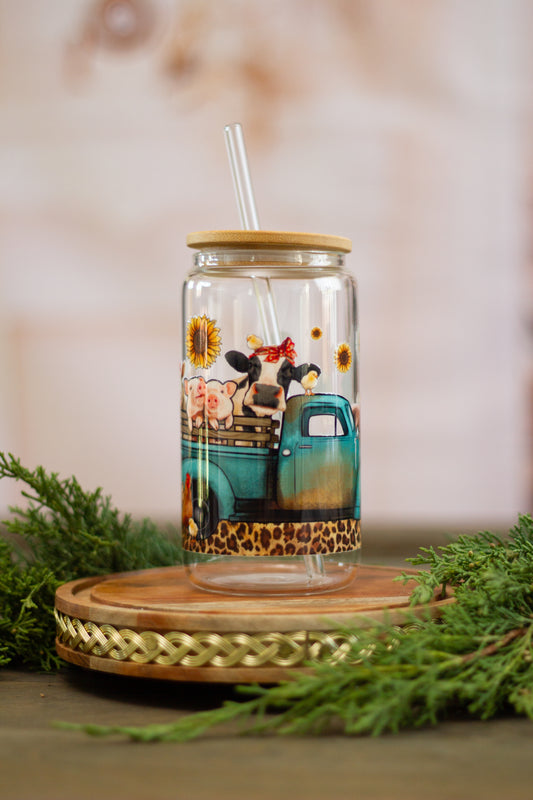 Farm Style Truck and Animals - Glass Cup 16oz