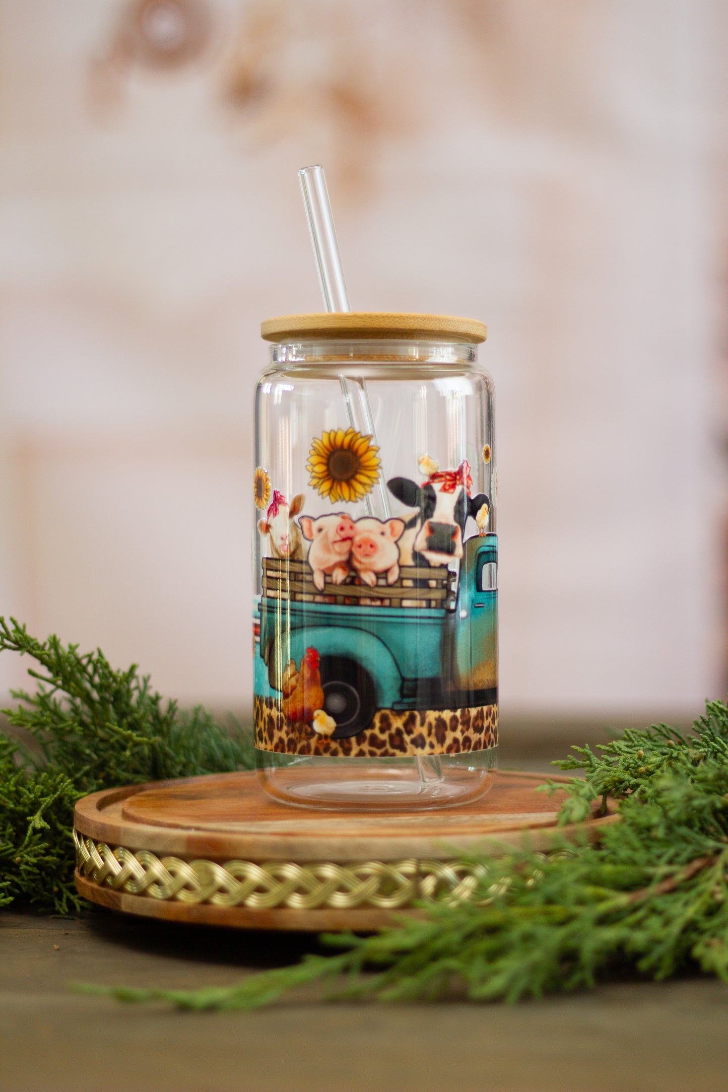 Farm Style Truck and Animals - Glass Cup 16oz