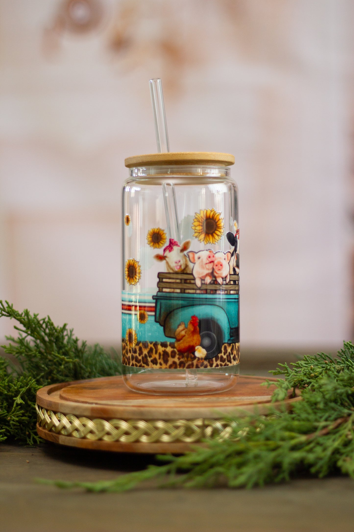 Farm Style Truck and Animals - Glass Cup 16oz