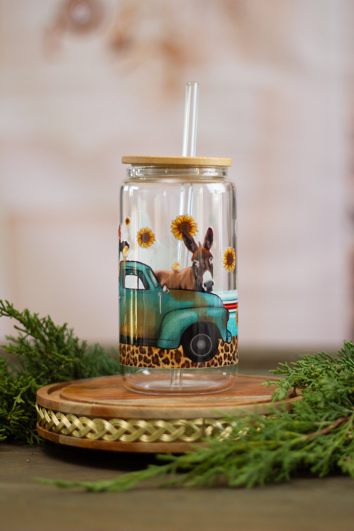 Farm Style Truck and Animals - Glass Cup 16oz