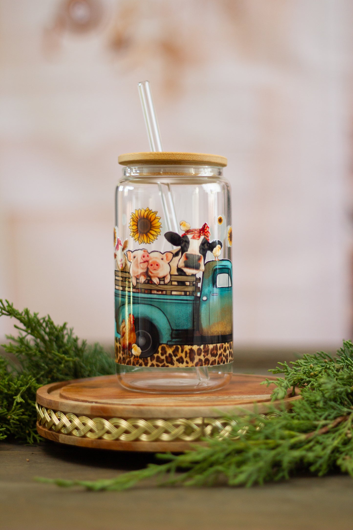 Farm Style Truck and Animals - Glass Cup 16oz