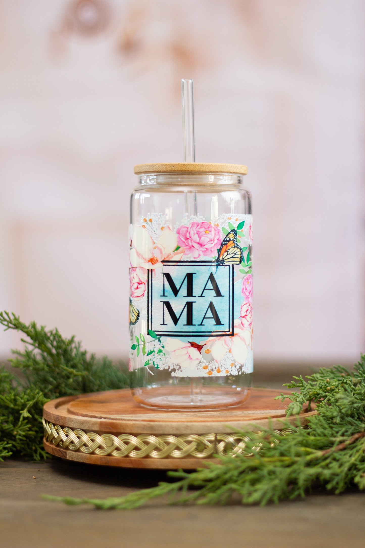 MAMA Flowers and Butterflies - Glass Cup 16oz