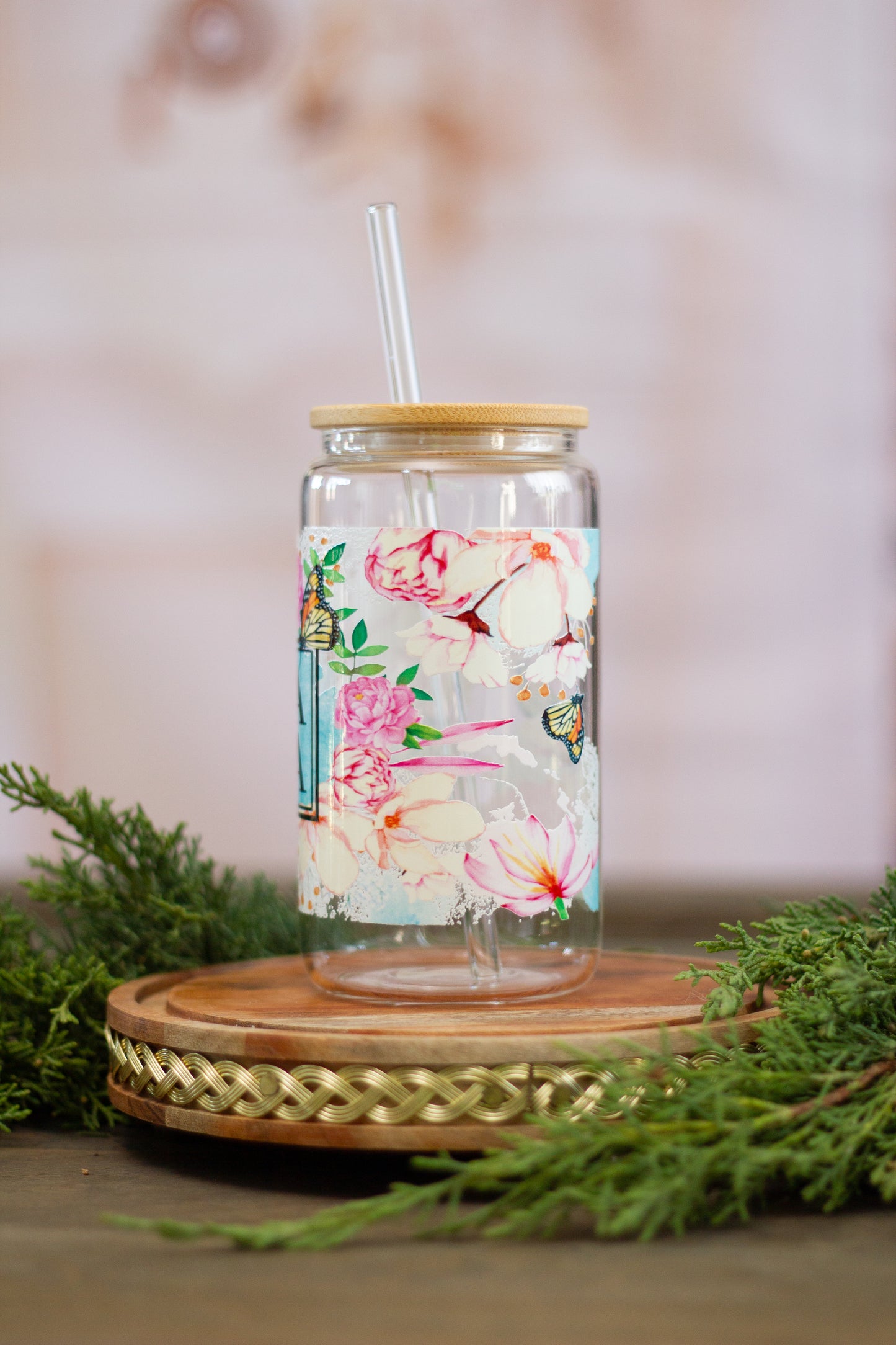 MAMA Flowers and Butterflies - Glass Cup 16oz