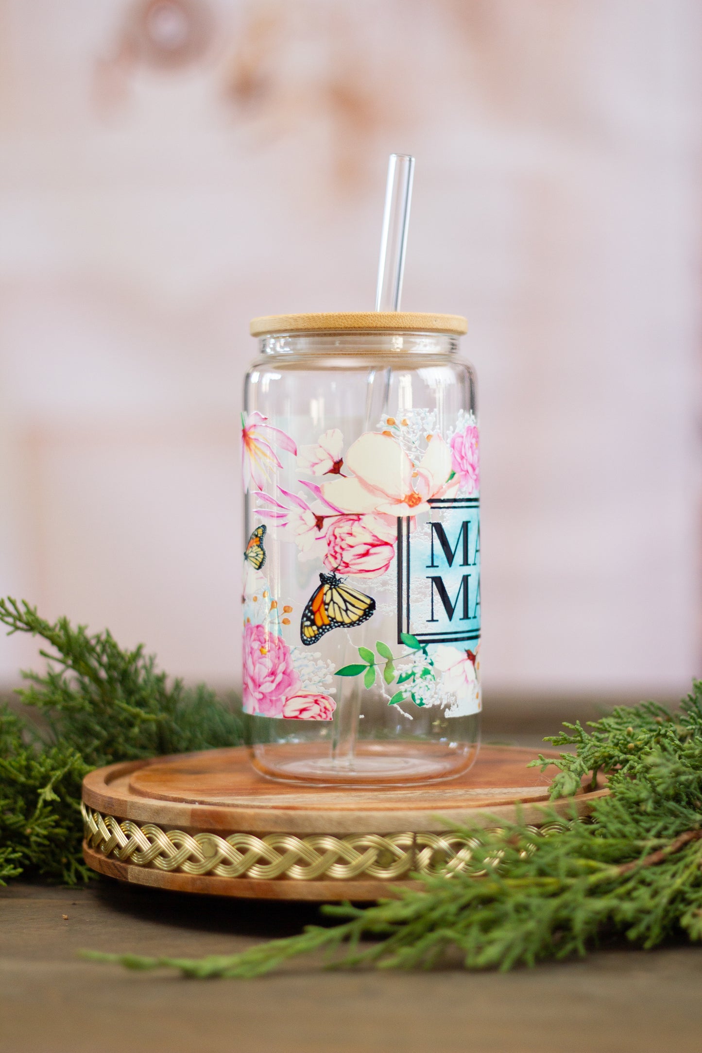 MAMA Flowers and Butterflies - Glass Cup 16oz