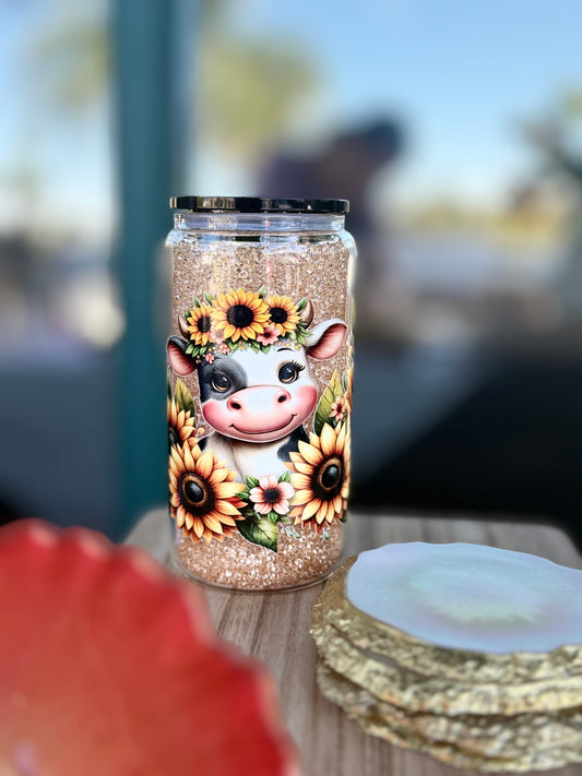 Sunflower Cow Glass Cup